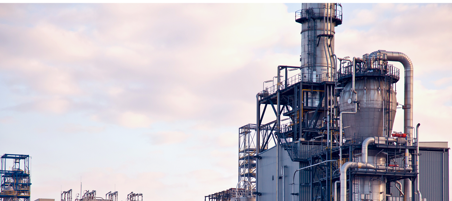 Exterior view of a large industrial facility with extensive pipework and towers.
