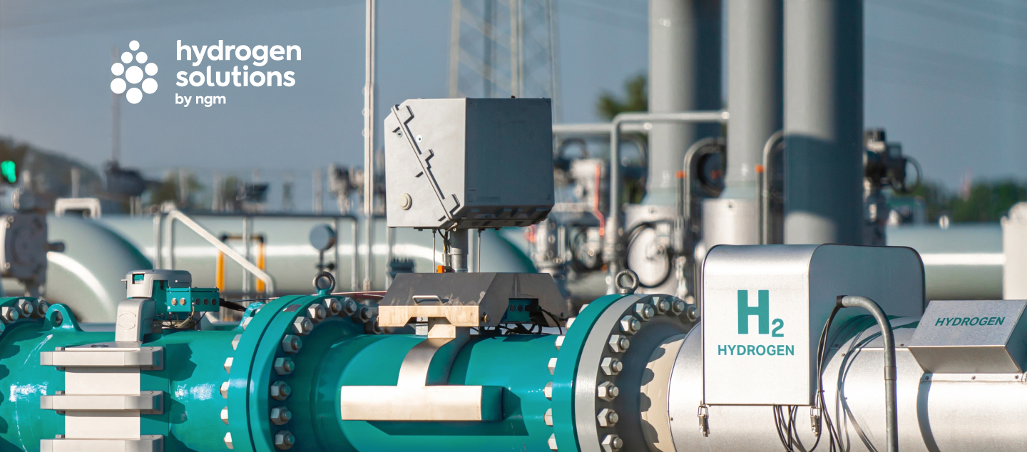 Hydrogen pipeline system labeled “H₂ HYDROGEN” with “hydrogen solutions by ngm” branding in the top left corner.