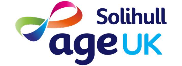 Solihull Age UK logo with a multicolour ribbon symbol and bold blue lettering.