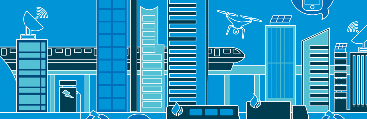 A light blue illustration showing numerous buildings and vehicles powered by different gas and electricity sources 
